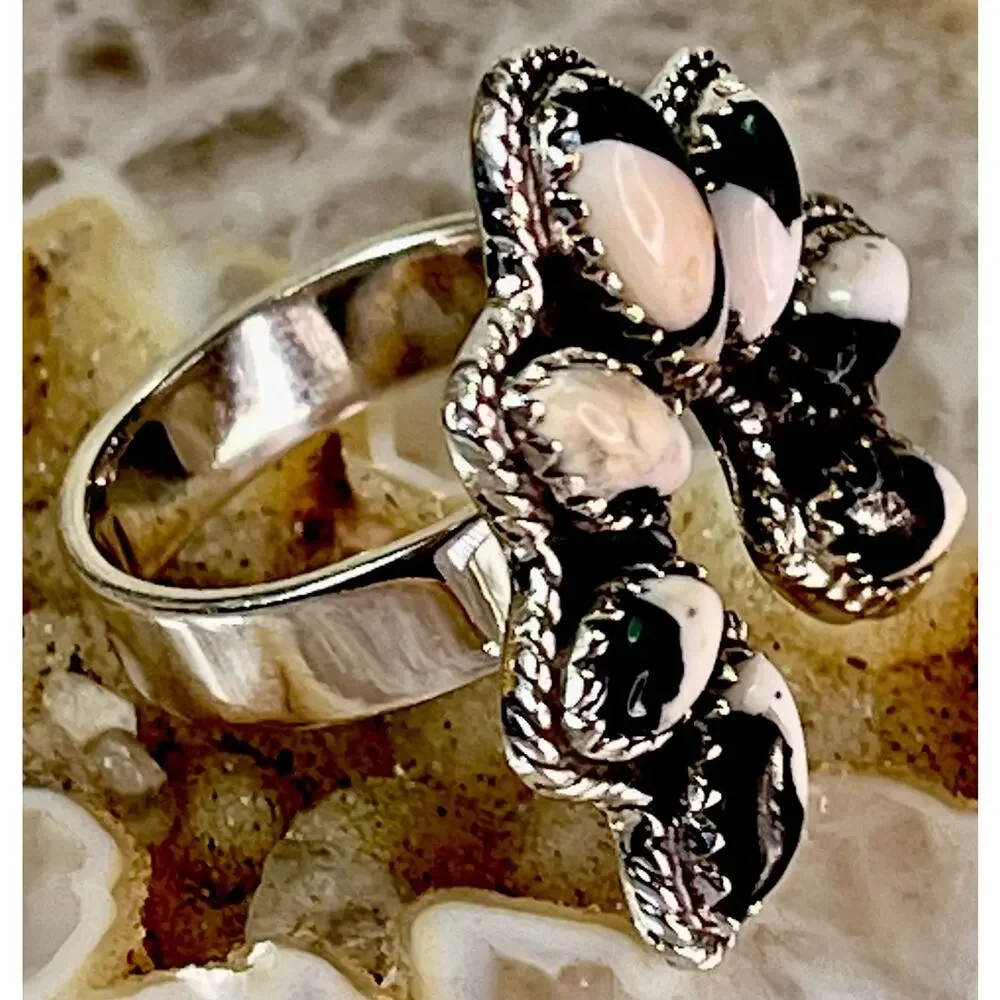 White Buffalo Turquoise Sterling Silver Naja Cluster Statement Ring Adjust Size